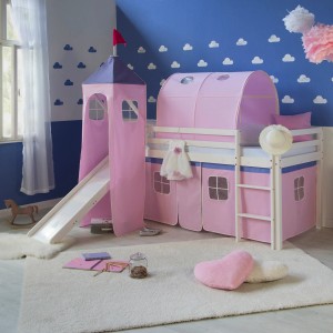 Homestyle4u Hochbett 90x200 mit Vorhang Lattenrost Matratze Rutsche Tunnel Turm Weiß 2561