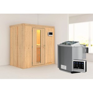Karibu Sauna Vera mit Bio-Ofen und Steuerung Easy, Holz-Glastür. Massivholzsauna mit Ofen.