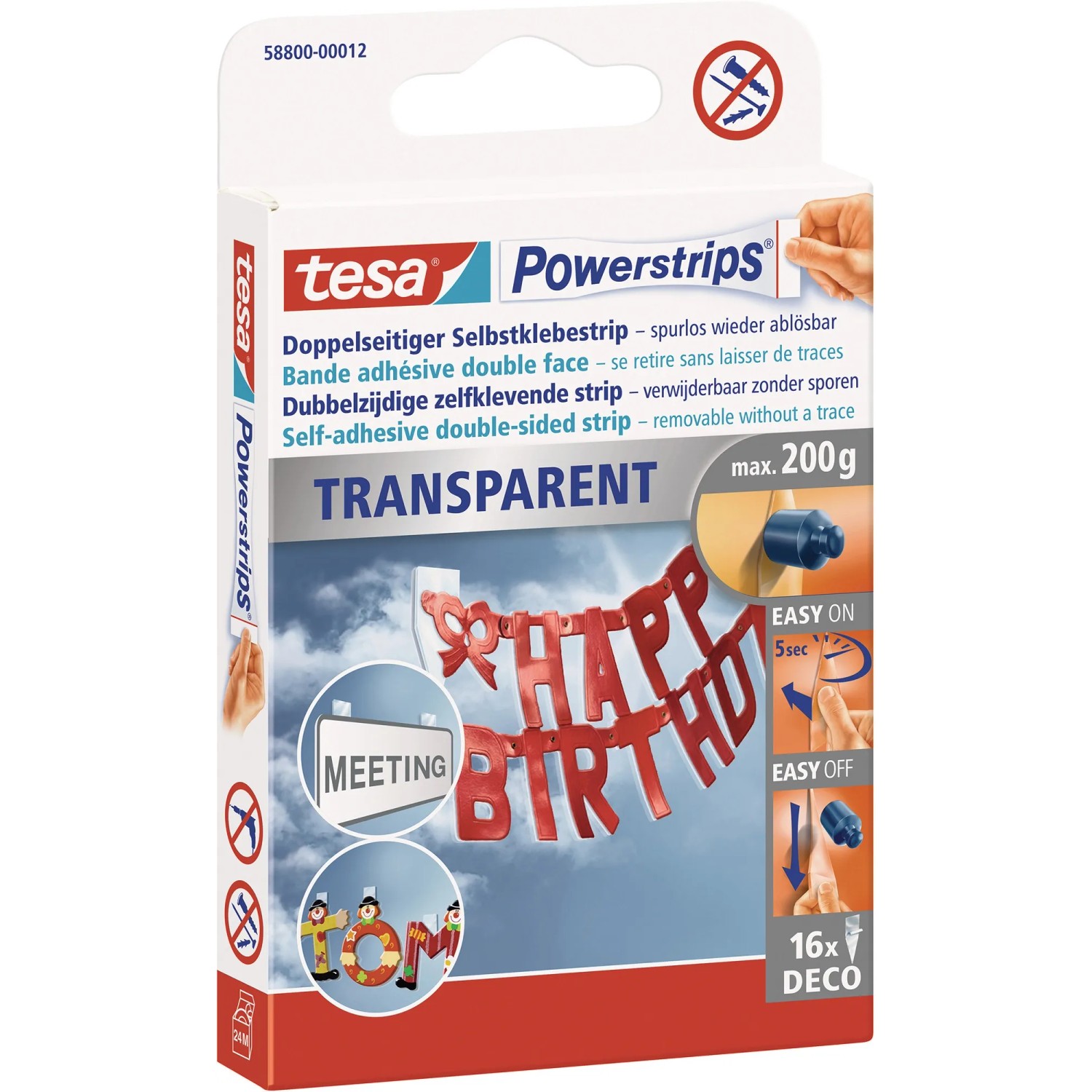 Tesa Powerstrips Deco Transparent, 16 Stück, für spurloses Befestigen von Deko-Artikeln.