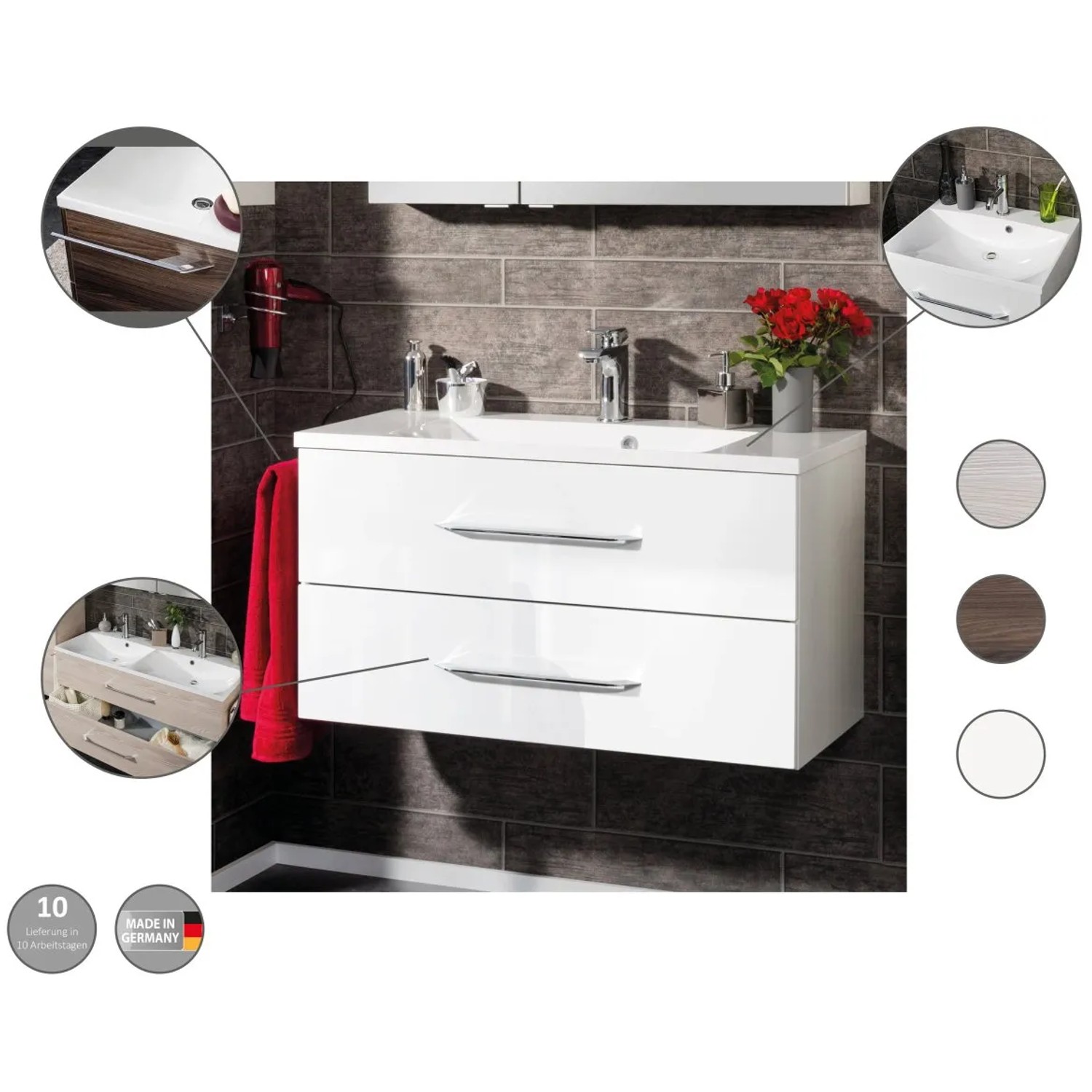 Fackelmann Waschtisch B.clever 60 cm Esche mit 2 Schubladen und Gussmarmor Waschbecken.