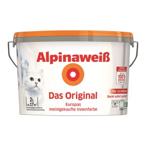 Eimer Alpinaweiß Wandfarbe, Weiß Matt, 2 Liter. Innenfarbe mit hoher Deckkraft.