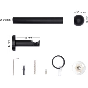 Mydeco Gardinenstange Schwarz mit Endstück Ball, Ø 2 cm, 100 cm Länge, inklusive Zubehör.