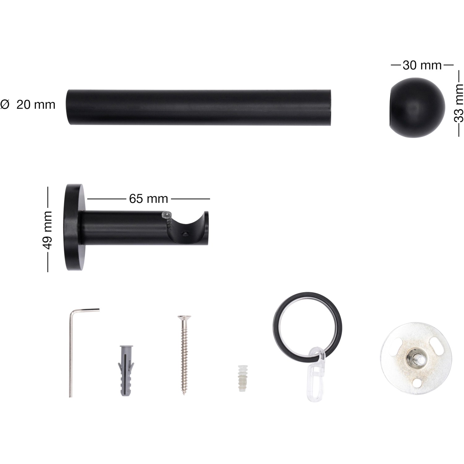 Mydeco Gardinenstange Schwarz mit Endstück Ball, Ø 2 cm, 100 cm Länge, inklusive Zubehör.