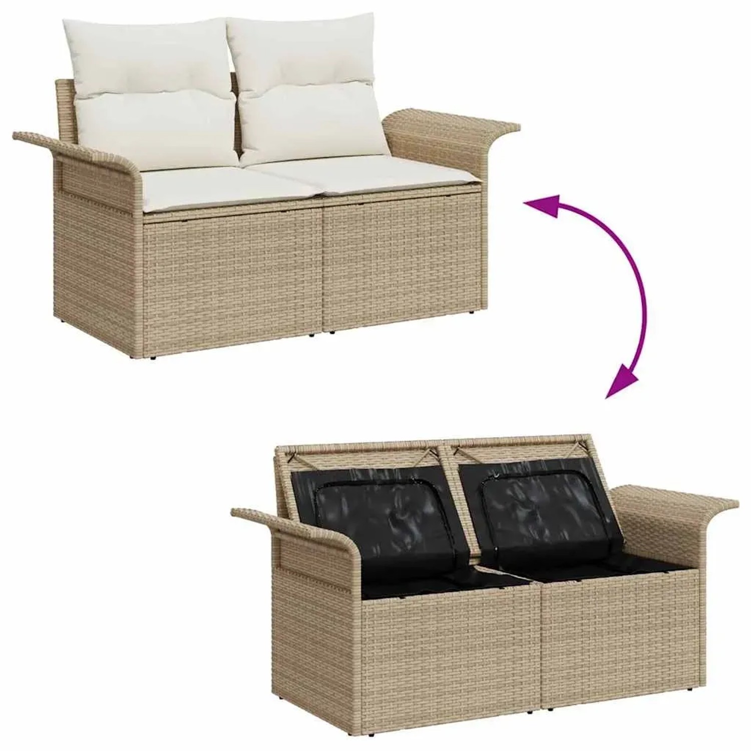 Beiges 9-teiliges vidaXL Garten-Sofa-Set aus Rattan mit Kissen und Stauraum.