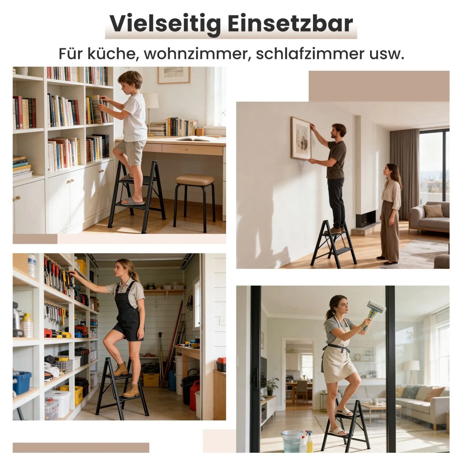 Schwarze Sekey Klappleiter 2 Stufen Alu. Vielseitig im Haushalt: Bücherregal, Bild aufhängen, Fensterputzen. Stabil.