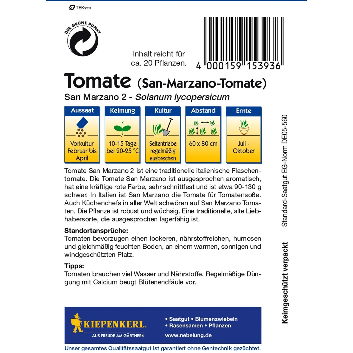Kiepenkerl Tomatensamen 'San Marzano 2': Italienische Gartentomate, Länglich, Aromatisch (Saatgut Für Freiland/Gewächshaus)