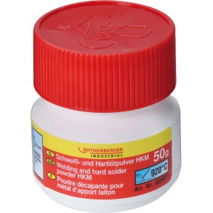 Rothenberger Schweiß- und Hartlötpulver HKM 50g im weißen Behälter mit rotem Deckel.