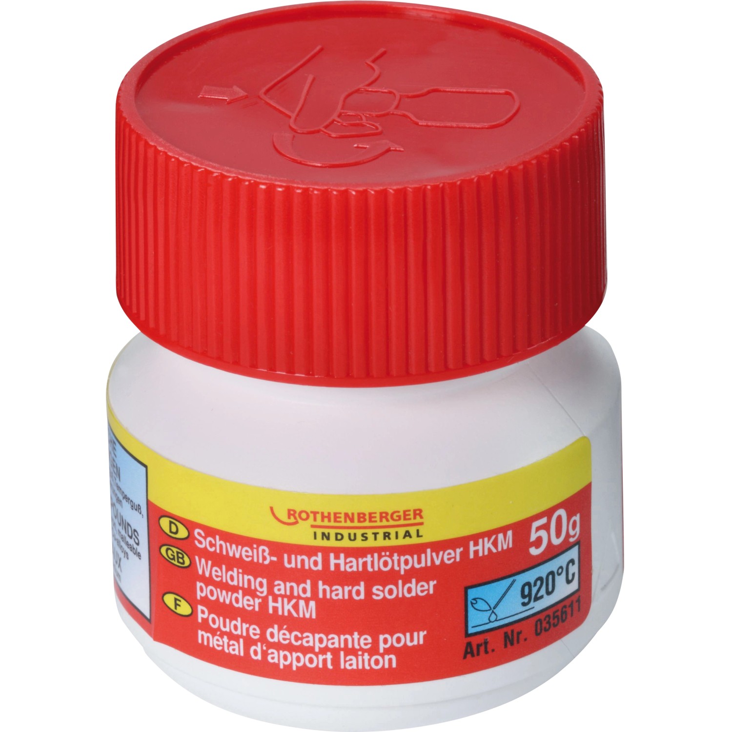 Rothenberger Schweiß- und Hartlötpulver HKM 50g im weißen Behälter mit rotem Deckel.