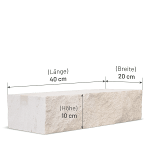 Galamio Sandstein Randstein, 40x20x10 cm, gesägt und gebrochen, Detailansicht mit Maßangaben.