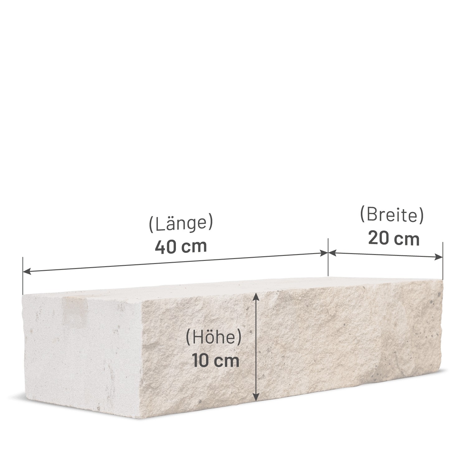 Galamio Sandstein Randstein, 40x20x10 cm, gesägt und gebrochen, Detailansicht mit Maßangaben.