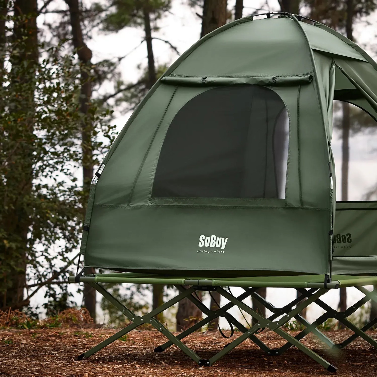 Grünes 3in1 Campingzelt von SoBuy für 2 Personen mit Moskitonetz und Tragetasche.