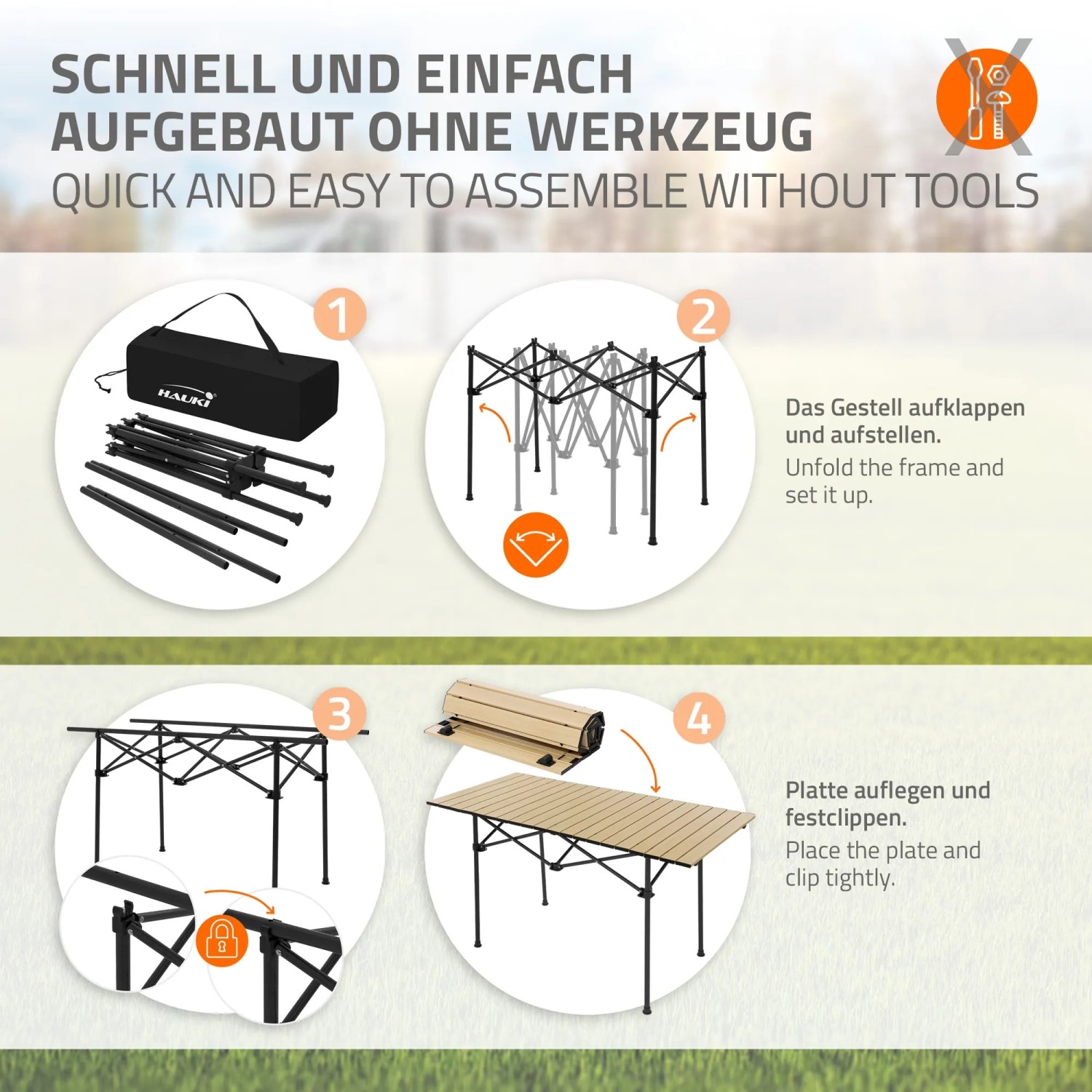 Aufbauanleitung: Hauki Campingtisch, faltbar, beige, 118x55x64,5 cm, Klapptisch aus Aluminium. Schritt-für-Schritt Anleitung.