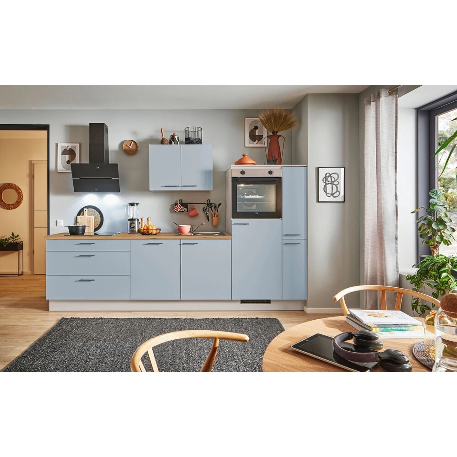 pino Küchenzeile 310 cm Pastellblau Anschlag rechts 1 Geräte-. 1 Seitenschrank