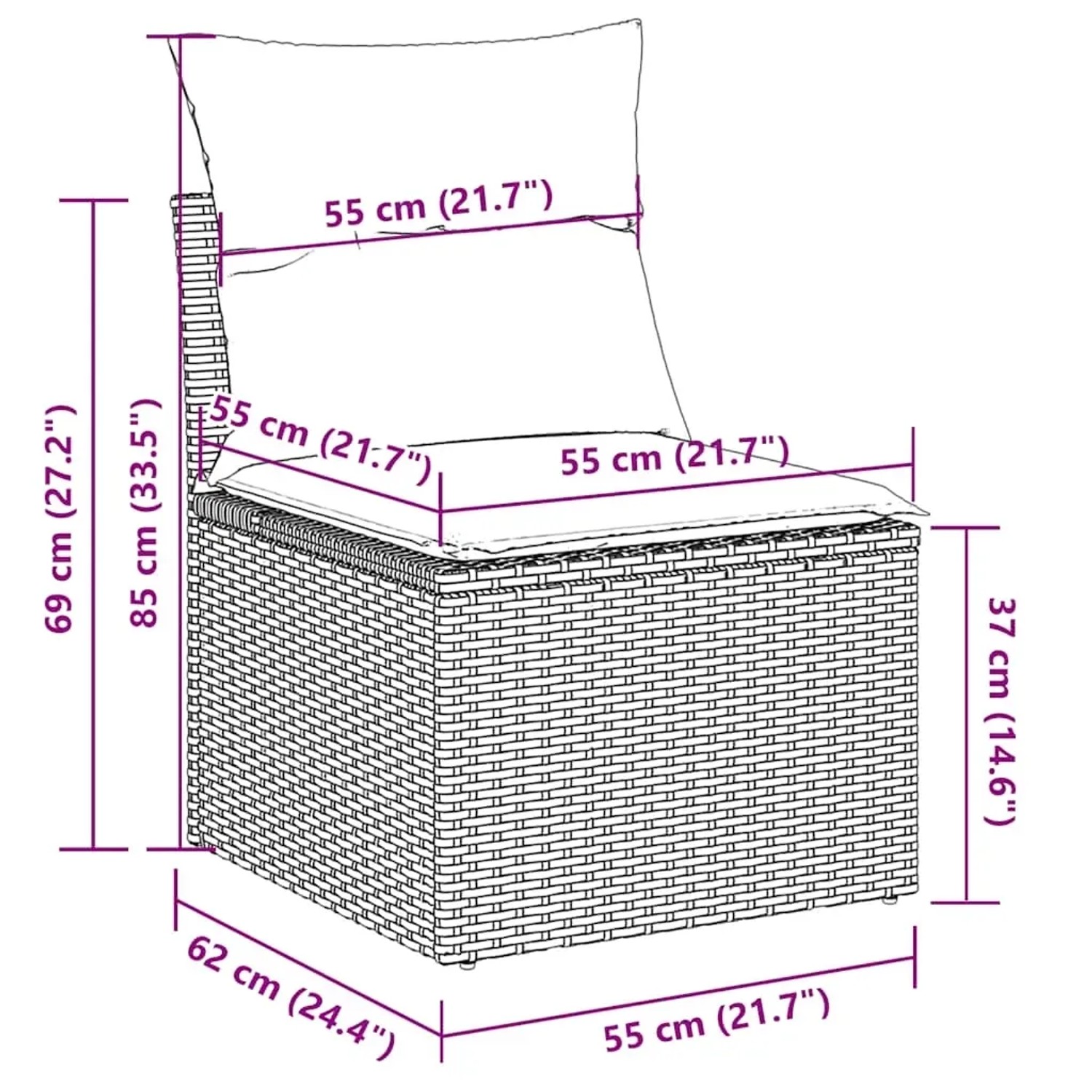 Skizze der vidaXL Garten-Sofagarnitur aus Rattan, Maße und Details für die Planung.