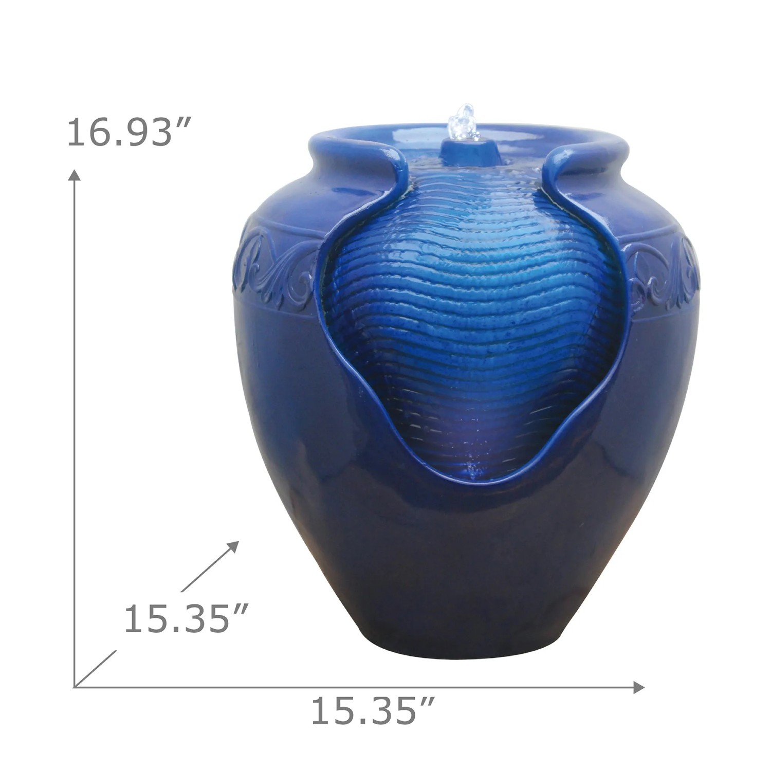 Blauer Teamson Home Gartenbrunnen in Topfform mit LED-Beleuchtung.