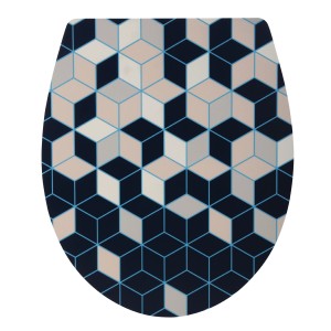 WC-Sitz Qube mit Absenkautomatik, Motiv mit 3D-Würfelmuster in Weiß, Grau und Blau.