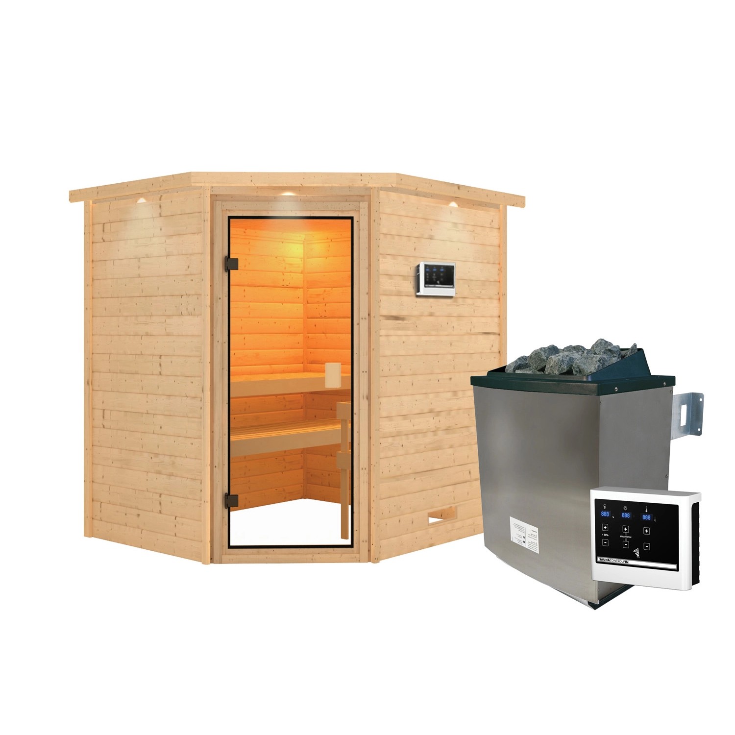 Karibu Sauna Elea mit Kranz Set Naturbelassen mit Ofen 9 kW ext. Steuerung