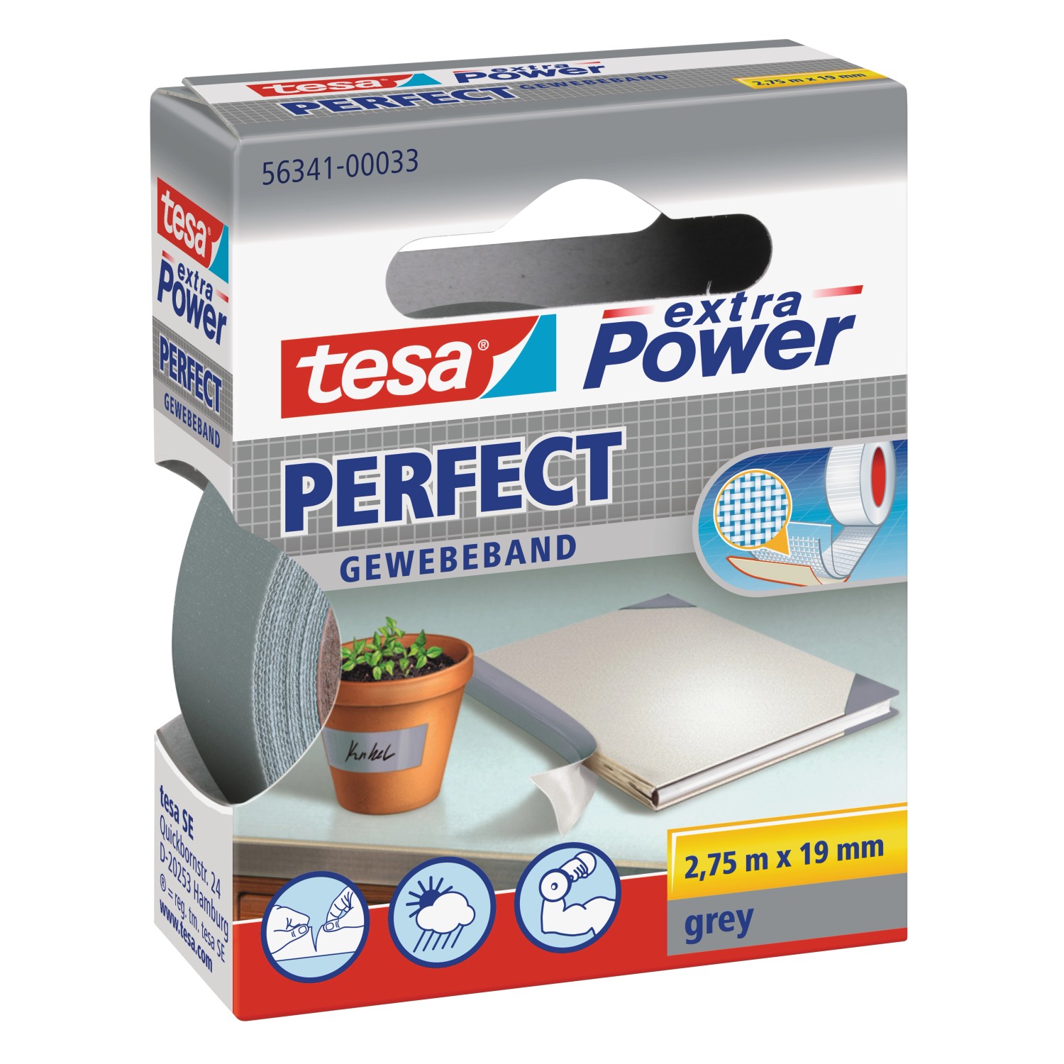 Tesa Extra Power Perfect Gewebeband Grau 2,75 m x 19 mm
