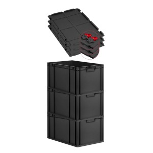 PROREGAL SuperSparSet 3x Eurobox Nextgen Grip Mit Scharnierdeckel Und Roten Verschlüssen HxBxT 32x40x60cm 65 Liter Schwarz Griffe Geschlossen