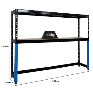 Schwarzes PROREGAL Garagenregal HERCULES, 180x240x50cm, 2 Ebenen, Fachlast 300kg, unterfahrbar.
