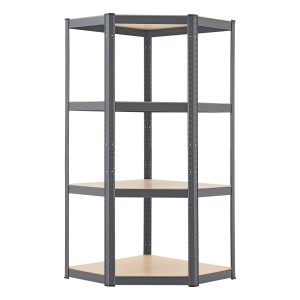 Graues Juskys Eckregal mit vier MDF-Holzböden, ideal als Lagerregal oder Kellerregal.
