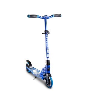 Blauer Six Degrees Aluminium Scooter Junior mit Klappmechanismus und Ständer.