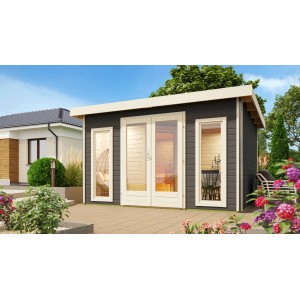 Terragraues Saunahaus Magnus 2-Set mit Ofen und Außensteuerung im Garten.