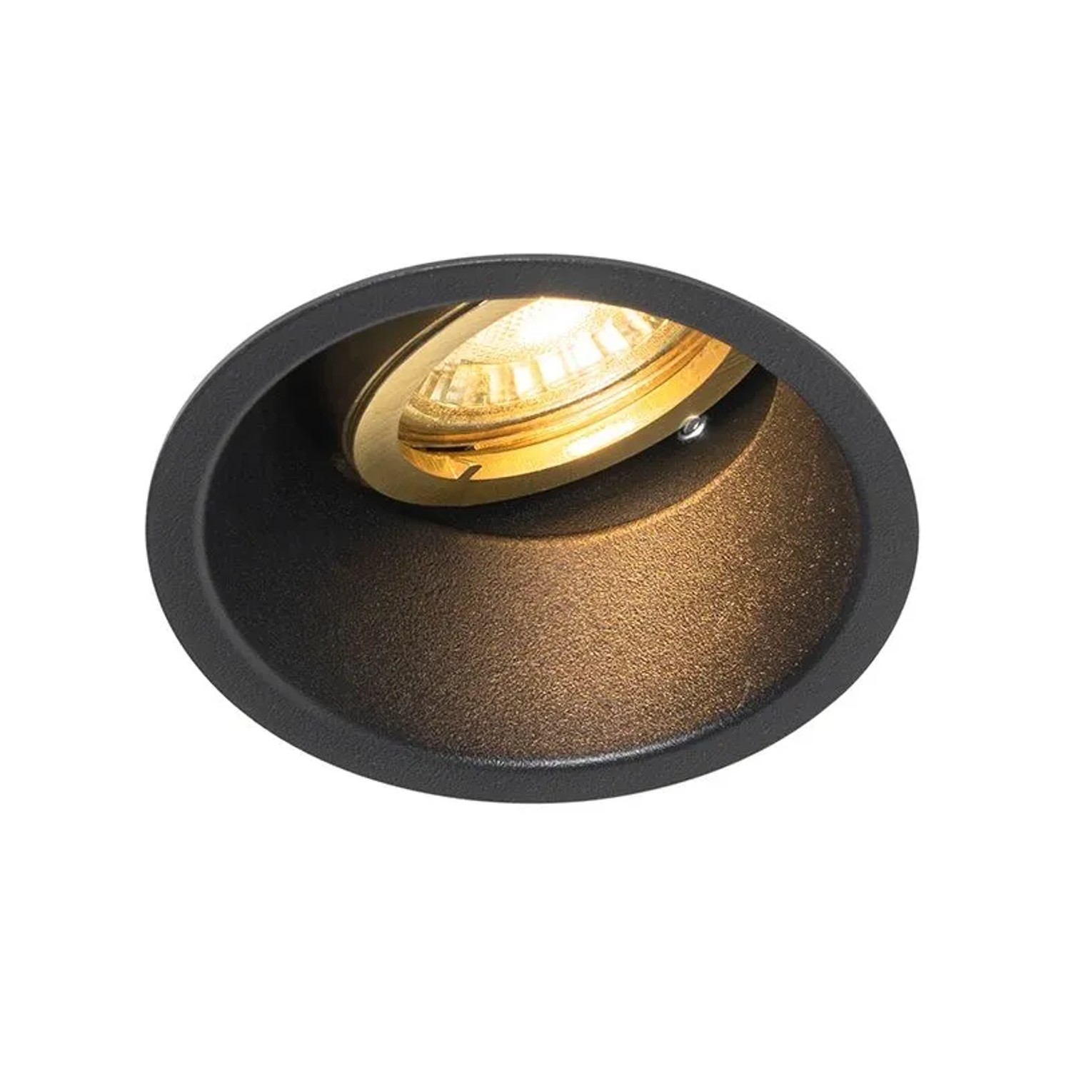 Schwarzer QAZQA Einbaustrahler mit goldenem, drehbarem Aluminium-Innenring.