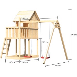 Karibu Kinderspielhaus Frieda mit Schaukelanbau Doppel, Holzleiter und roter Schaukel für Kinder.