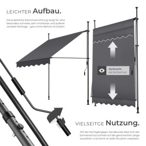 Tectake Klemmmarkise  Mit Handkurbel Uv Beständig 150 x 180 cm 180 x 150 x 304 cm Schwarz Grau