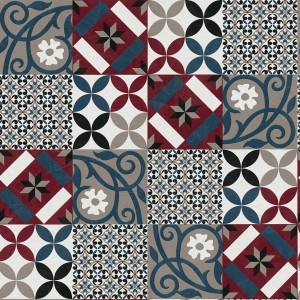 Marokkanische Vliestapete in Fliesenoptik, Mosaik rot, türkis, grau. Abwaschbare Vinyltapete für Küche.