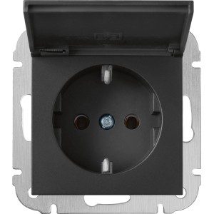 Schwarzer, matter Schalterrahmen Finnja mit Klappdeckel für Steckdose.