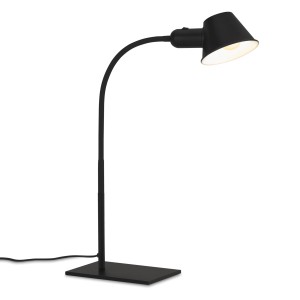 Schwarze, schwenkbare Brilo Schreibtischleuchte Brello mit Ein/Aus-Schalter am Lampenkopf.