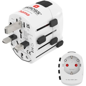 Weißer Hama Weltreiseadapter World Travel Pro 3-polig für internationale Stecker, Nahansicht.