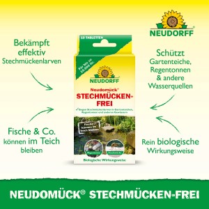 Neudorff Neudomück Stechmückenfrei: Tabletten zur Mückenlarvenbekämpfung in Teichen und Regentonnen.