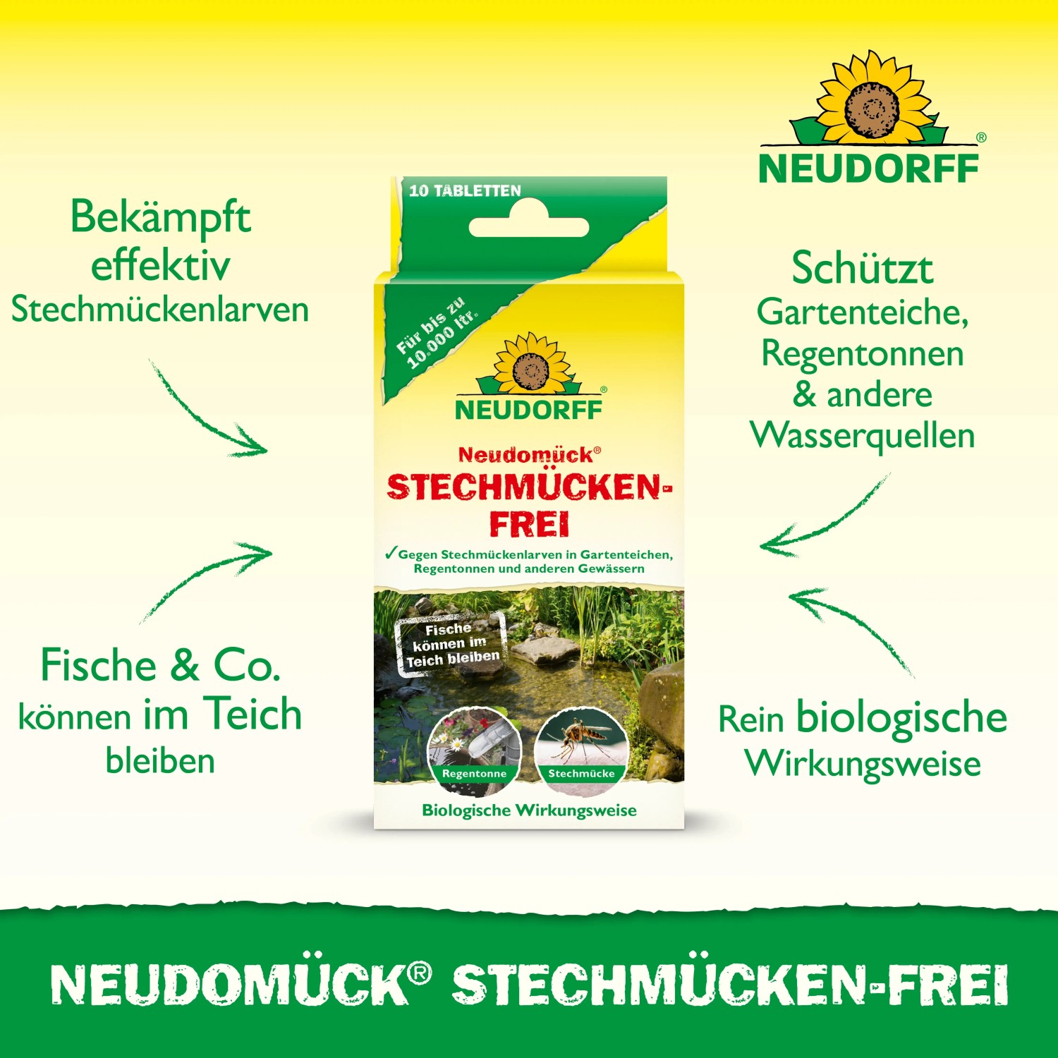 Neudorff Neudomück Stechmückenfrei: Tabletten zur Mückenlarvenbekämpfung in Teichen und Regentonnen.