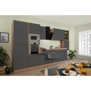 Moderne, graue Respekta Premium Küchenzeile mit grifflosen Hochglanzfronten und Eiche Sägerau Dekor.