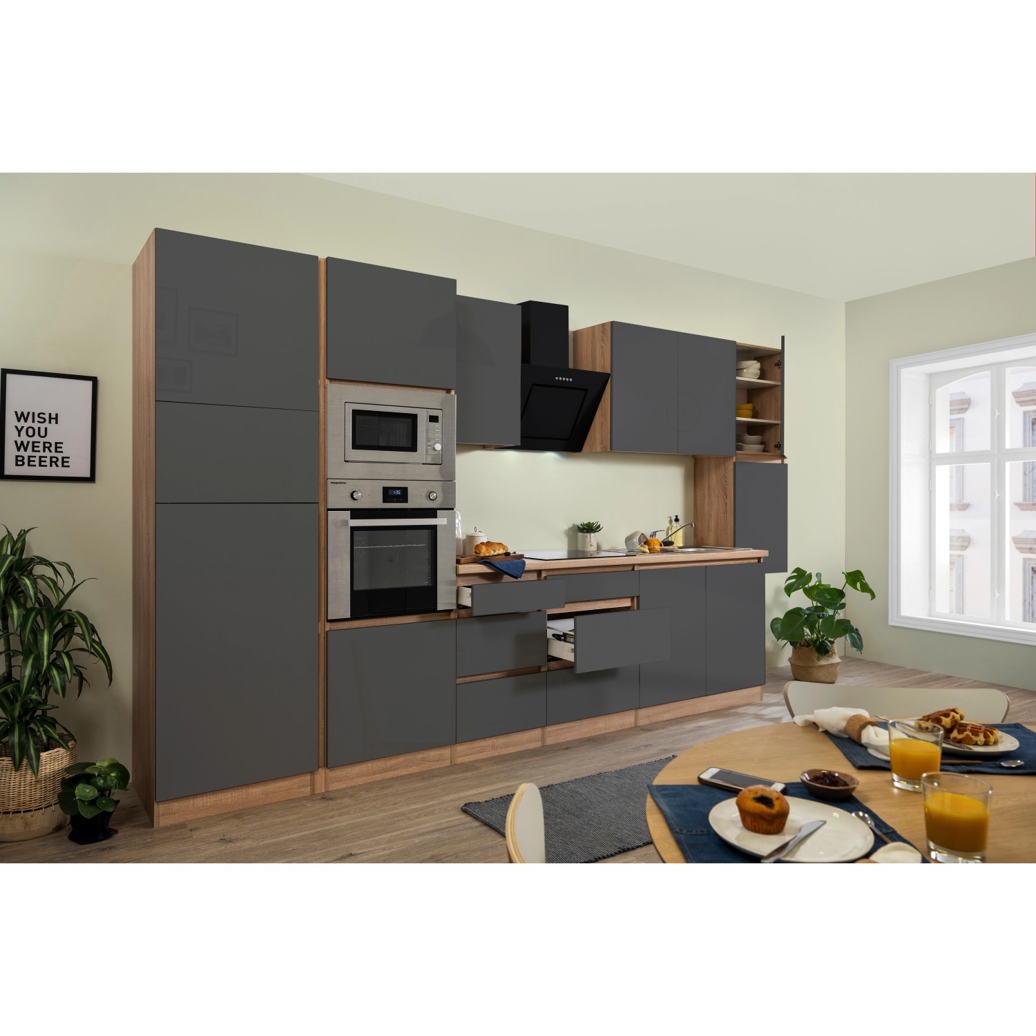 Respekta Premium Küchenzeile/Küchenblock Grifflos 385 cm Grau Hochglanz-Eiche Sägerau