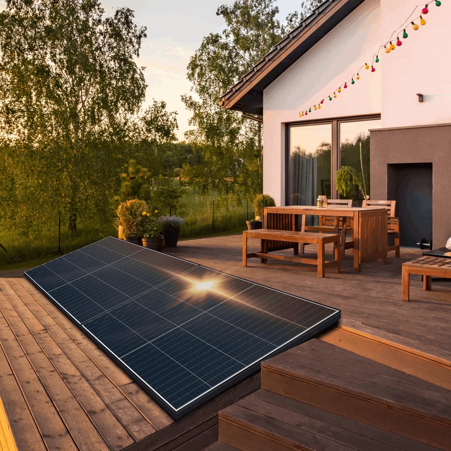 SUNNIVA Balkonkraftwerk 920W mit zwei Fullblack Glas-Glas Solarmodulen auf einer Holzterrasse.