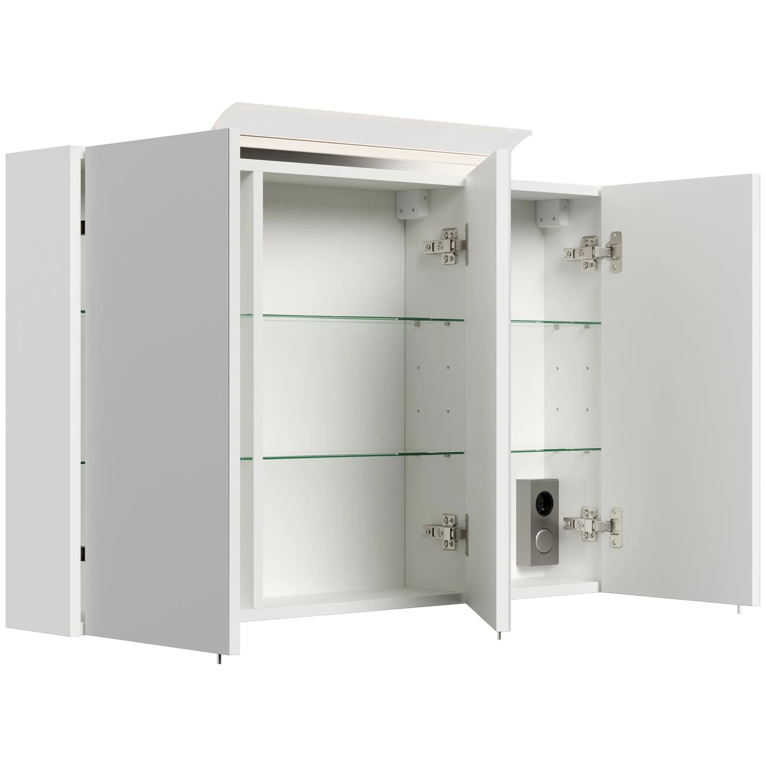 Posseik Spiegelschrank 100 cm, weiß hochglanz, mit LED-Lampe und Glasböden. Offene Türen.