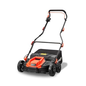 FUXTEC Elektro-Vertikutierer FX-EV360, orange-schwarz, mit 45L Fangkorb für effektive Rasenpflege.