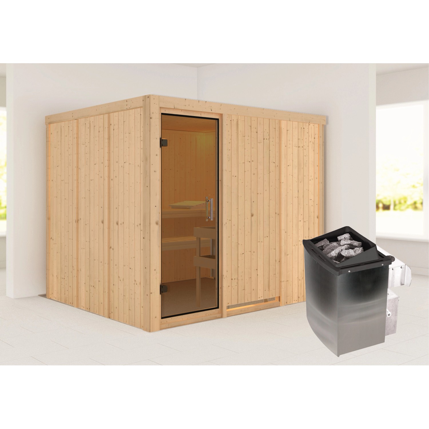 Karibu Sauna Gunda mit Ofen intergrierte Stg.Natur