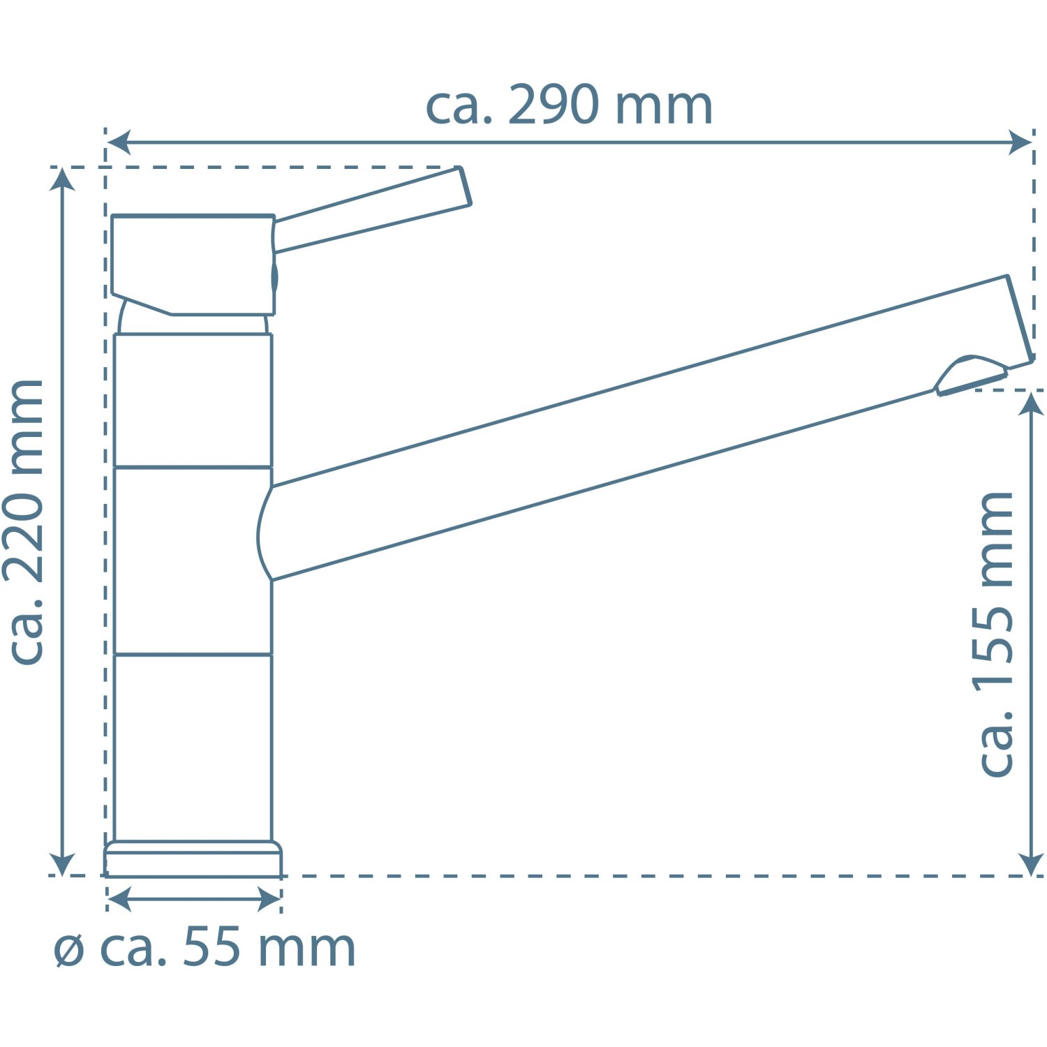 Skizze der Schütte Küchenarmatur Unicorn Niederdruck Chrom mit Maßangaben.