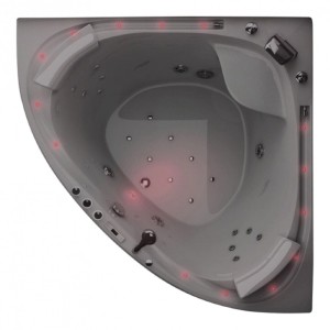 Weißer Eckwhirlpool für 2 Personen mit umlaufendem Wasserfall, Massagedüsen und roter LED-Beleuchtung.