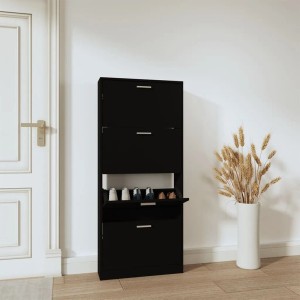 Schwarzer vidaXL Schuhschrank (59x17x150 cm) aus Holzwerkstoff mit vier Klappen.