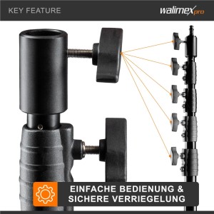 Walimex Pro Lampenstativ: Detail der schwarzen Verriegelung für einfache Bedienung und sichere Höhenfixierung.