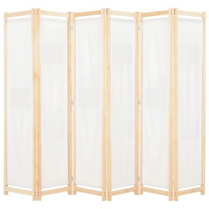 6-teiliger, cremeweißer Raumteiler (240x170x4 cm) aus Stoff und Holz, ideal als Sichtschutz und Wanddekoration.