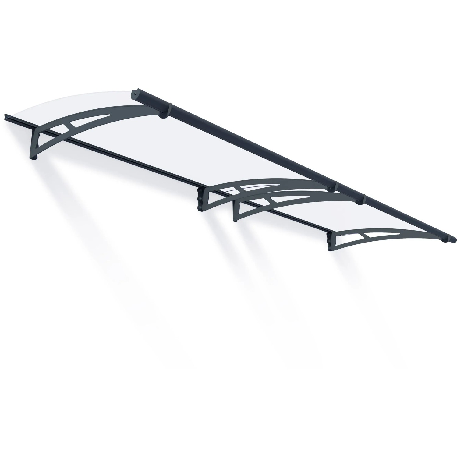 Graues Palram Canopia Vordach Aquila 3 x 0,9 m mit klarer Abdeckung für den Eingangsbereich.