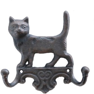 Schwarzer Wandhaken in Katzenform mit 2 Haken aus Gusseisen, 16 cm, für Gartendeko.