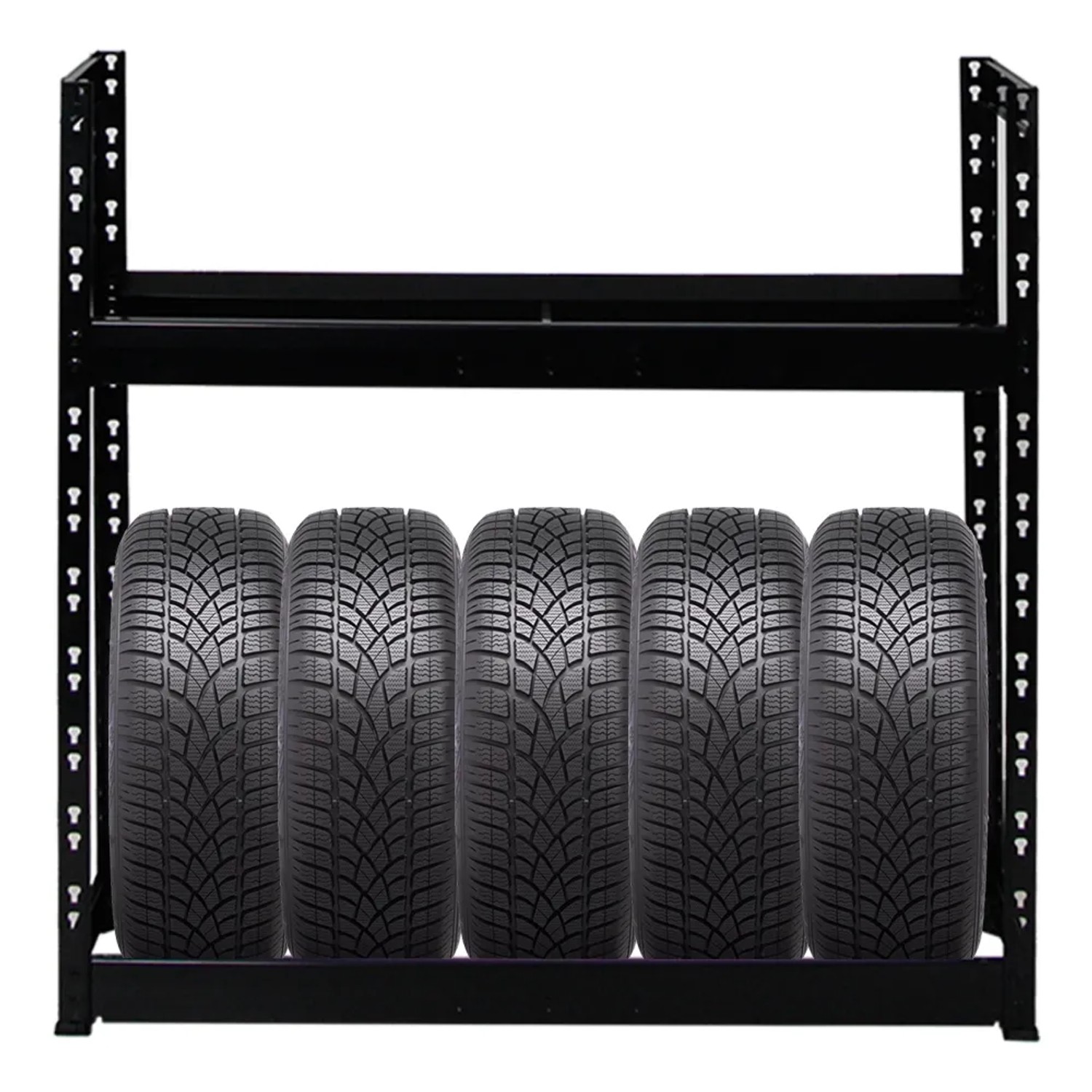 Schwarzes PROREGAL Reifenregal Tiger mit 5 Reifen auf einer Ebene. Regal für bis zu 8 Reifen.